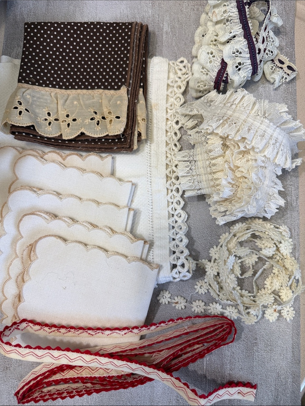 Mixed Vintage Lace and Trim Bundle - Vintage Napkins and Hand Towel - Stained